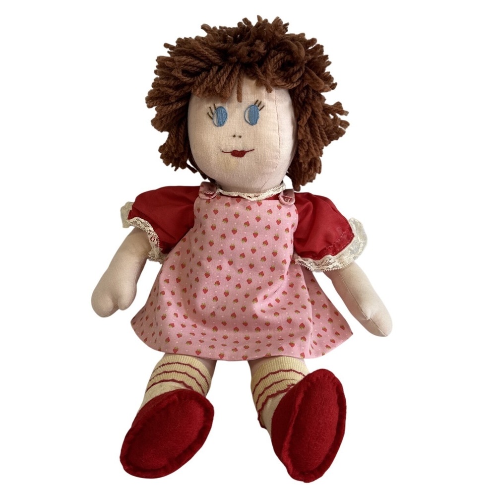 Vintage Rag‎ Doll Strawberry Dress Yarn Hair Handmade Stuffed Toy Plush Doll